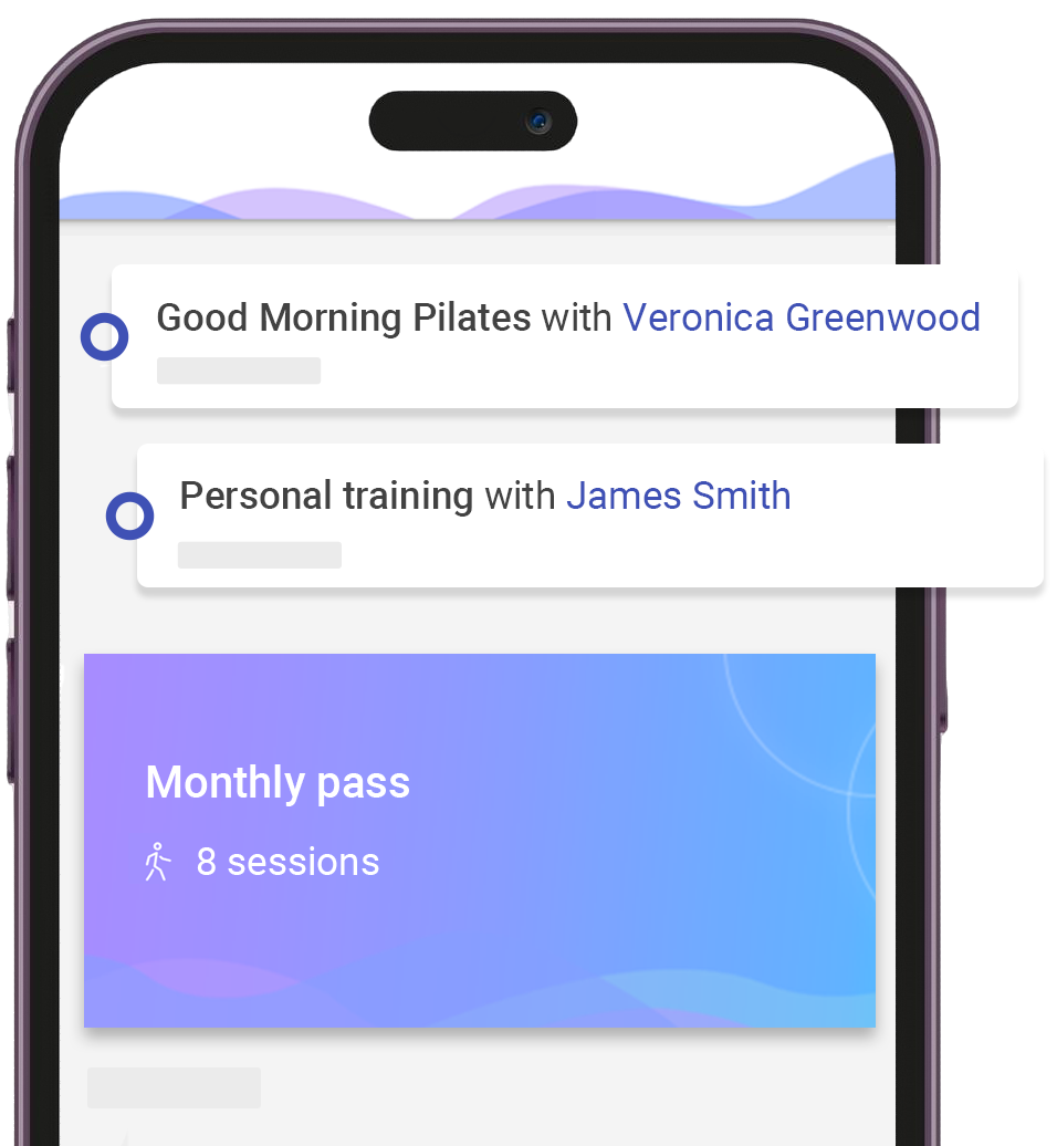 Client panel in the app showing upcoming bookings and active pass