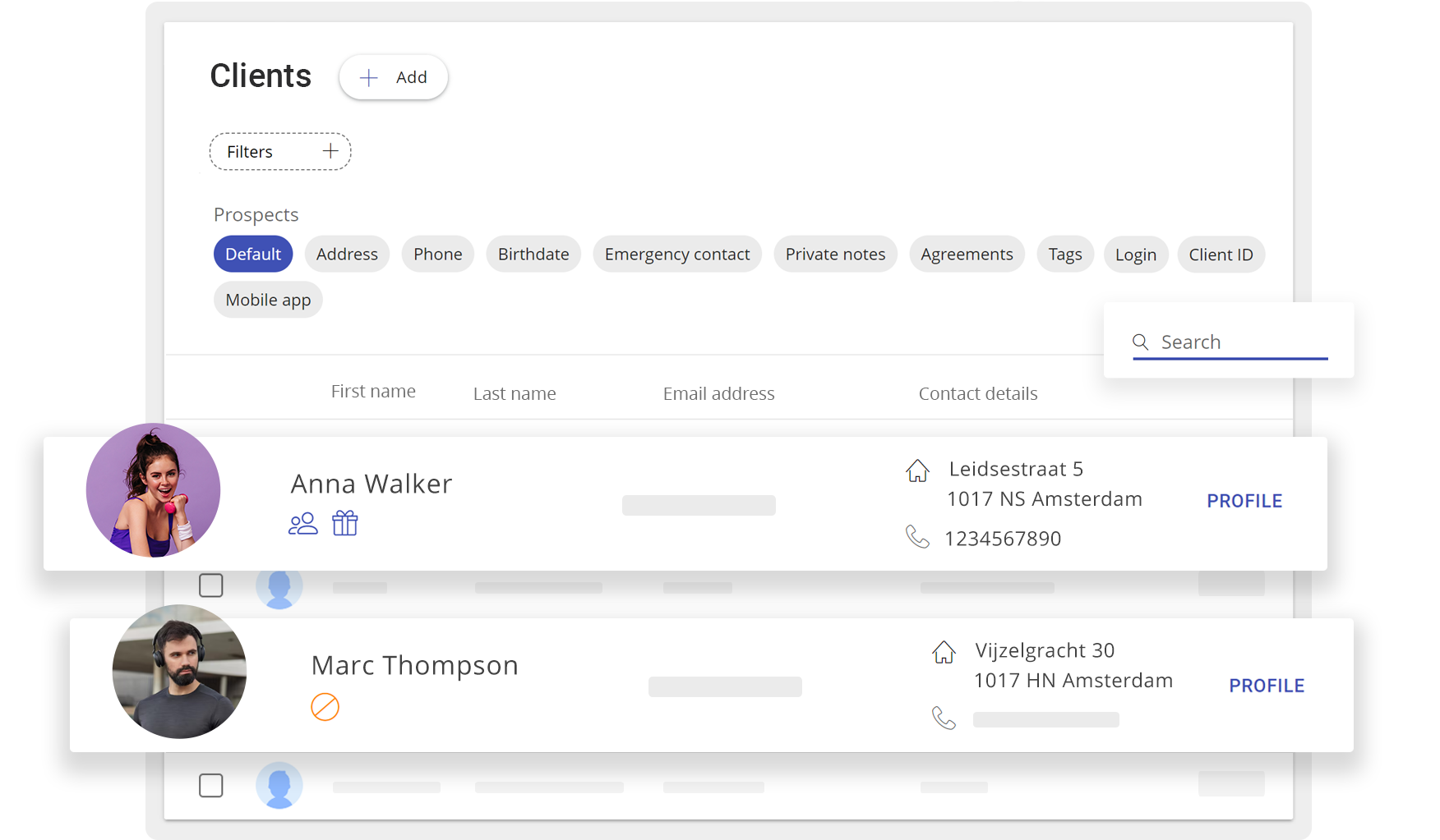 CRM dashboard showing client data, booking history, payment status and active passes