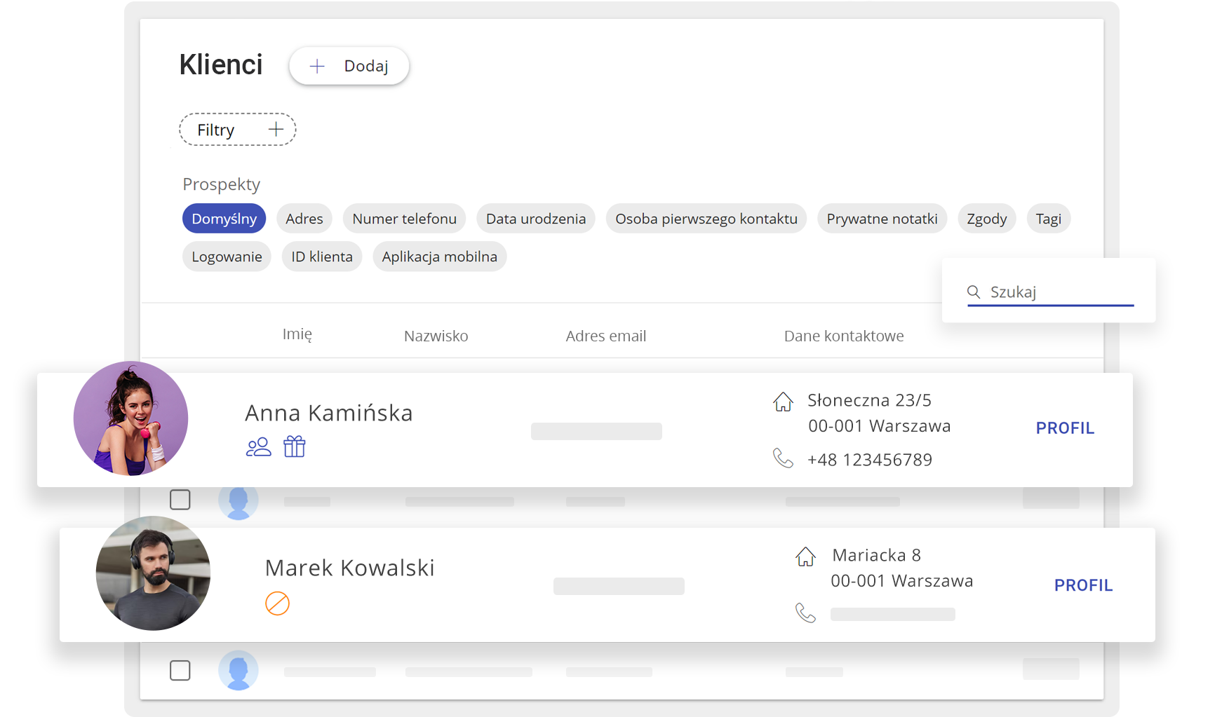 Lista klientów i CRM w systemie Fitssey