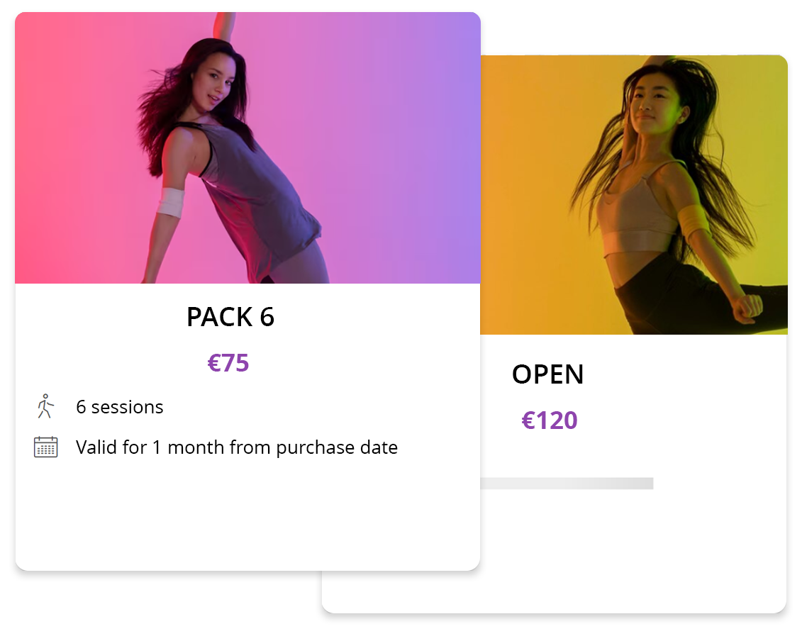 Sample configuration of dance class passes with pricing and validity options