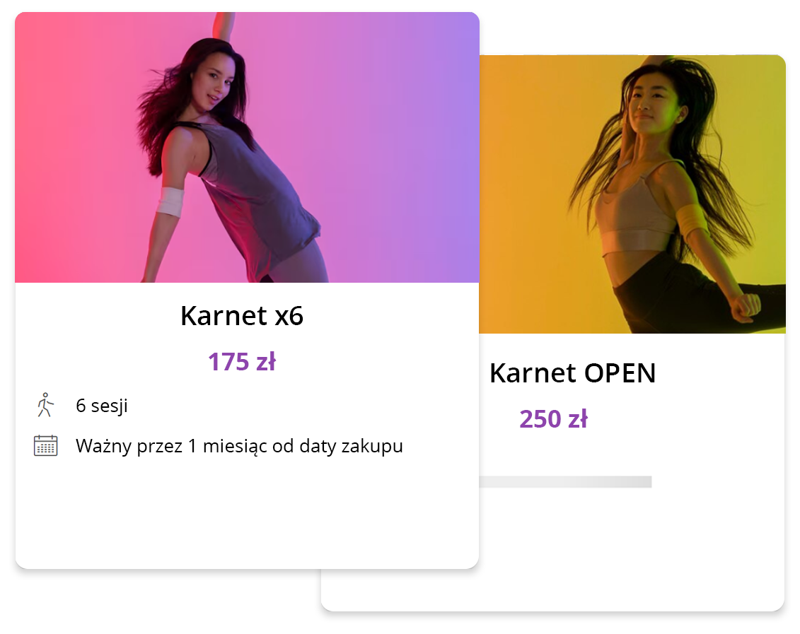 Podgląd karnetów Zumba z opcjami jednorazowych wejść i cenami