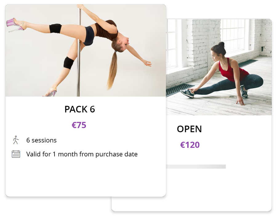 Sample configuration of pole dance passes with pricing and validity options