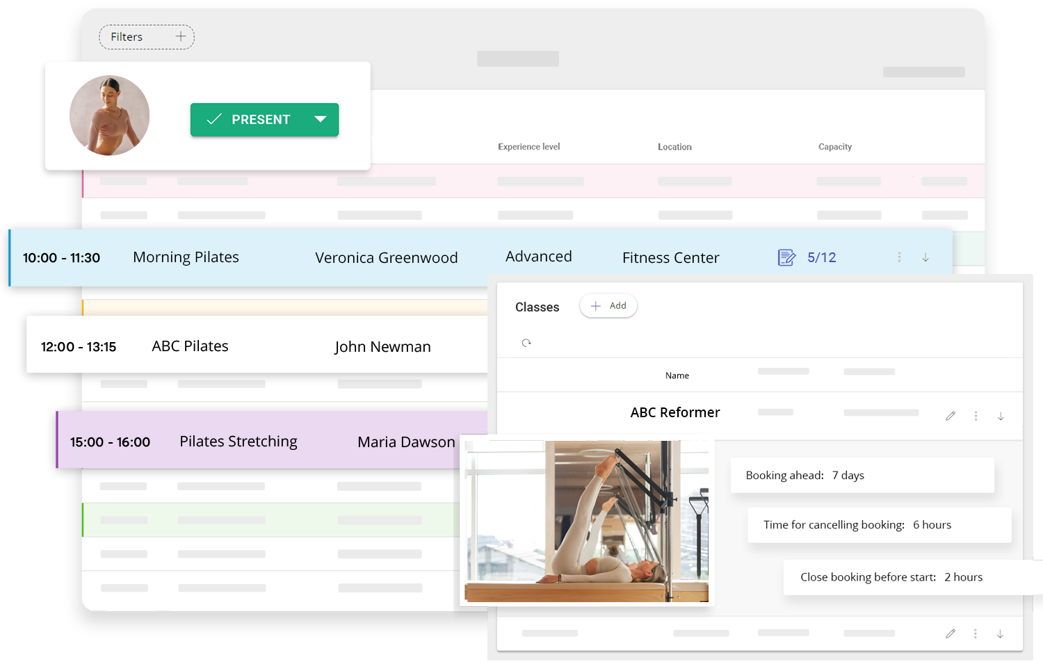 Admin dashboard with schedule and booking settings for pilates studio
