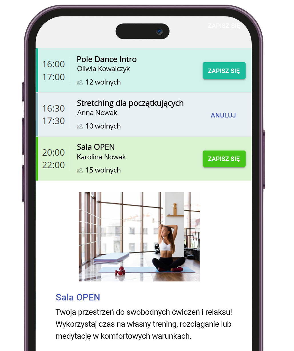 Interfejs aplikacji mobilnej z grafikiem zajęć pole dance, rezerwacjami i panelem klienta