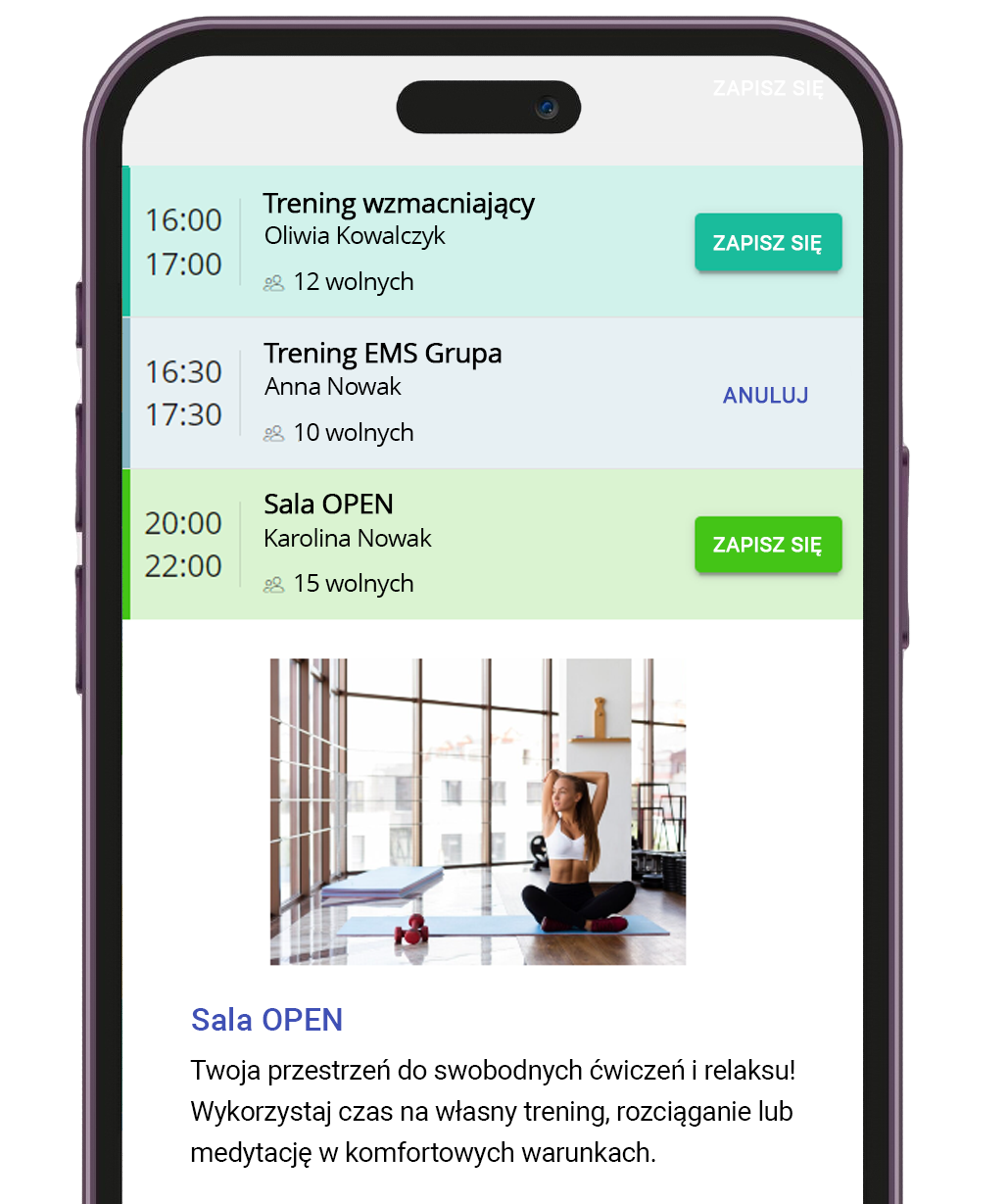 Widok aplikacji mobilnej Fitssey z grafikiem CrossFit, rezerwacjami i dostępem do konta klienta
