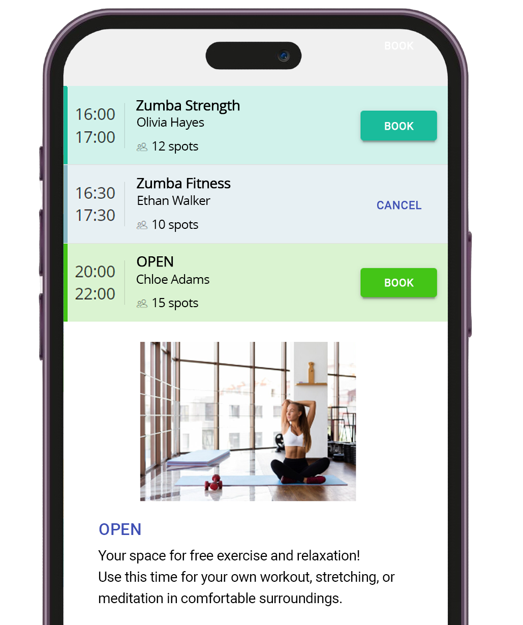 Mobile app view with Zumba class schedule, bookings and client dashboard in Fitssey