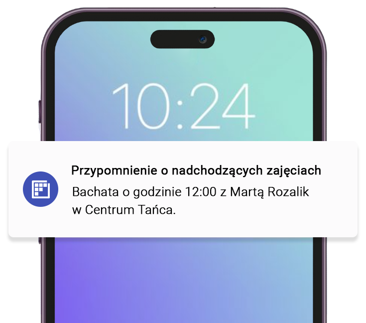 Automatyczne przypomnienia o zajęciach tanecznych wysyłane przez e‑mail, powiadomienia push i SMS