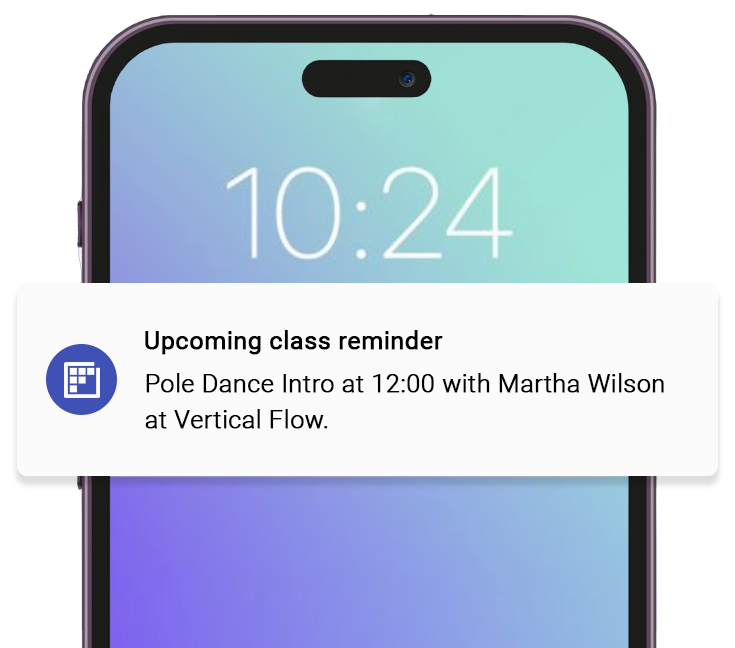 Automated session reminders for pole dance clients via email, push and SMS