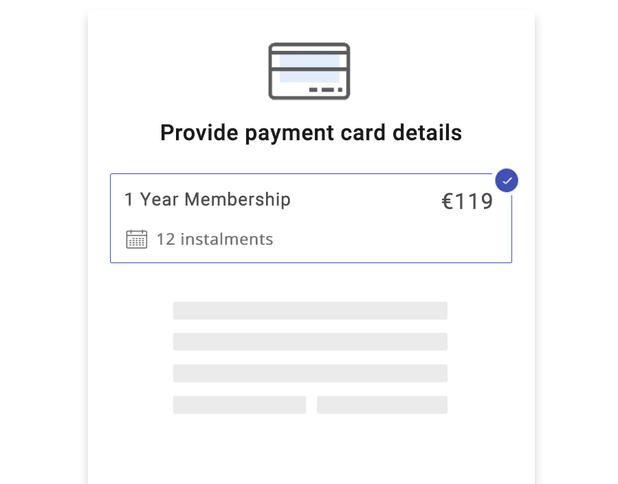 Card entry form for recurring client payments in Fitssey