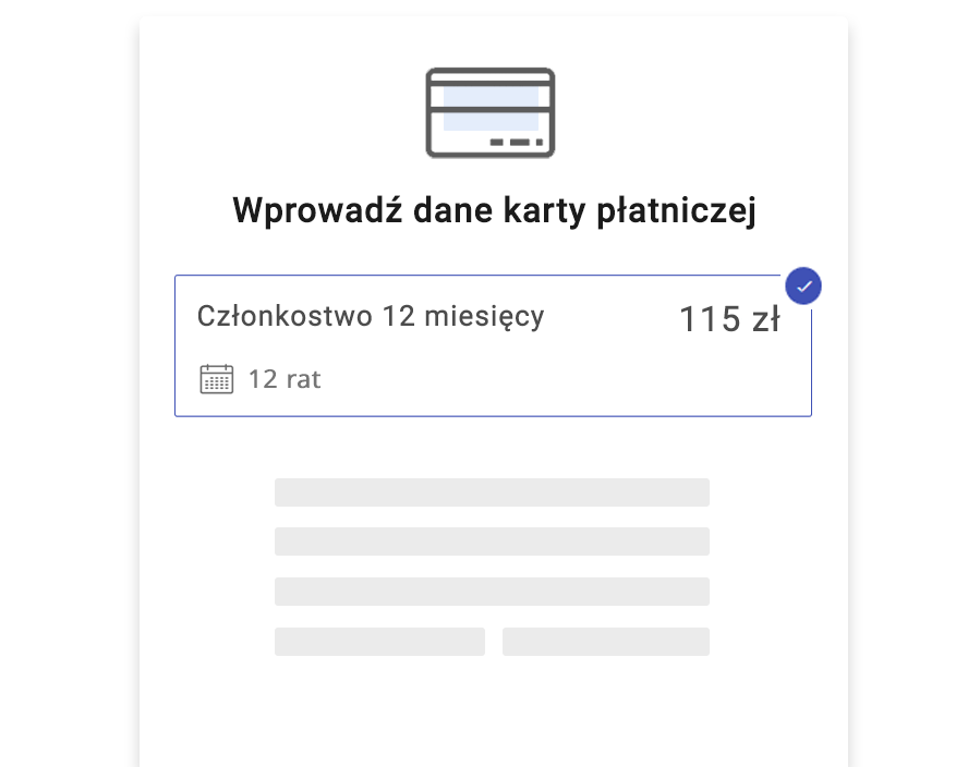 Formularz wprowadzania danych karty klienta do płatności cyklicznych w Fitssey