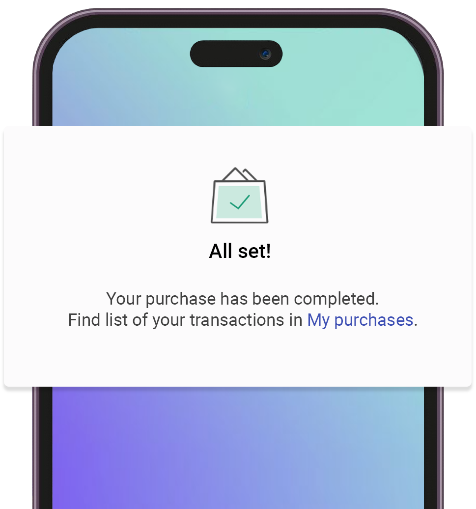 Confirmation screen of online payment and purchase in the mobile app