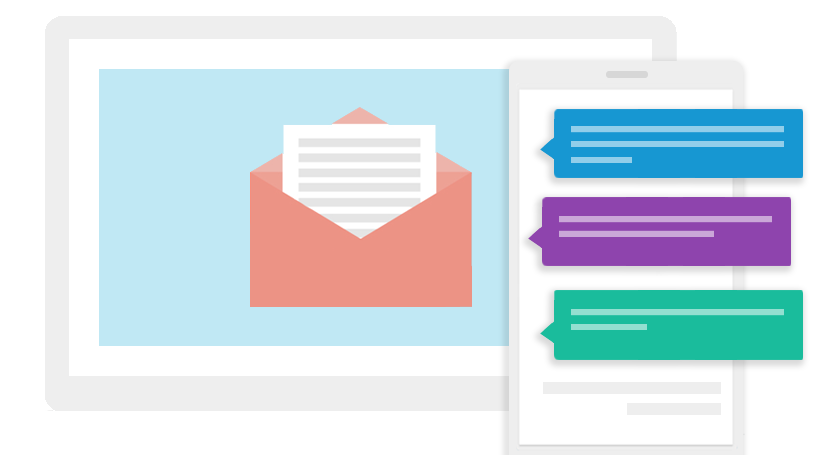 Infographic illustrating the possibility of sending SMS and email messages to communicate with clients