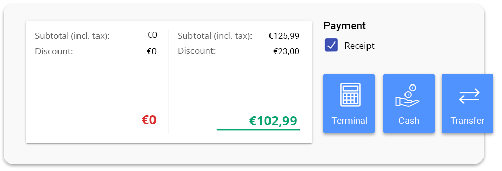 POS screen showing payment summary and total amount to be collected