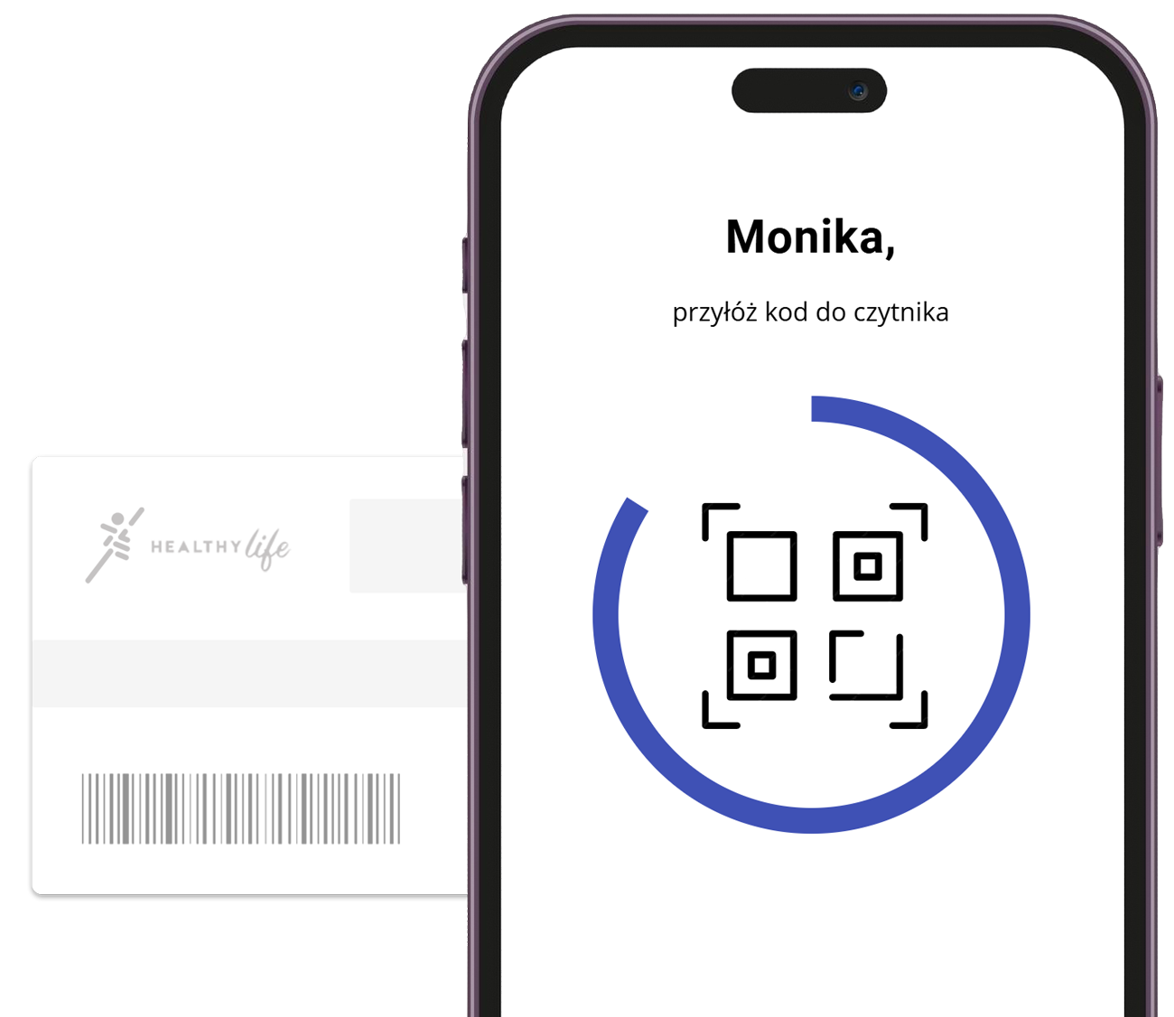 Aplikacja mobilna Fitssey z kodem QR i kartą członkowską gotowymi do zeskanowania w recepcji