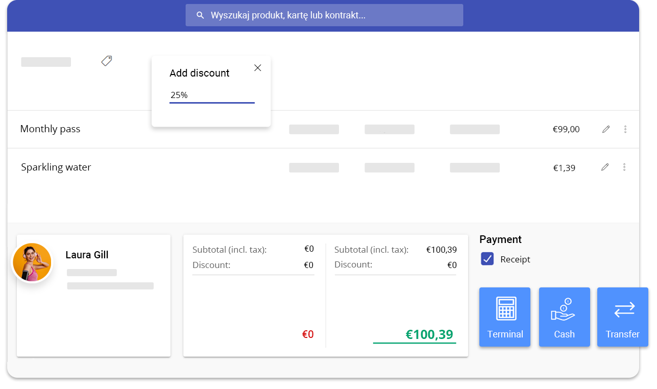 POS screen with product list, discount option and payment method selection in Fitssey