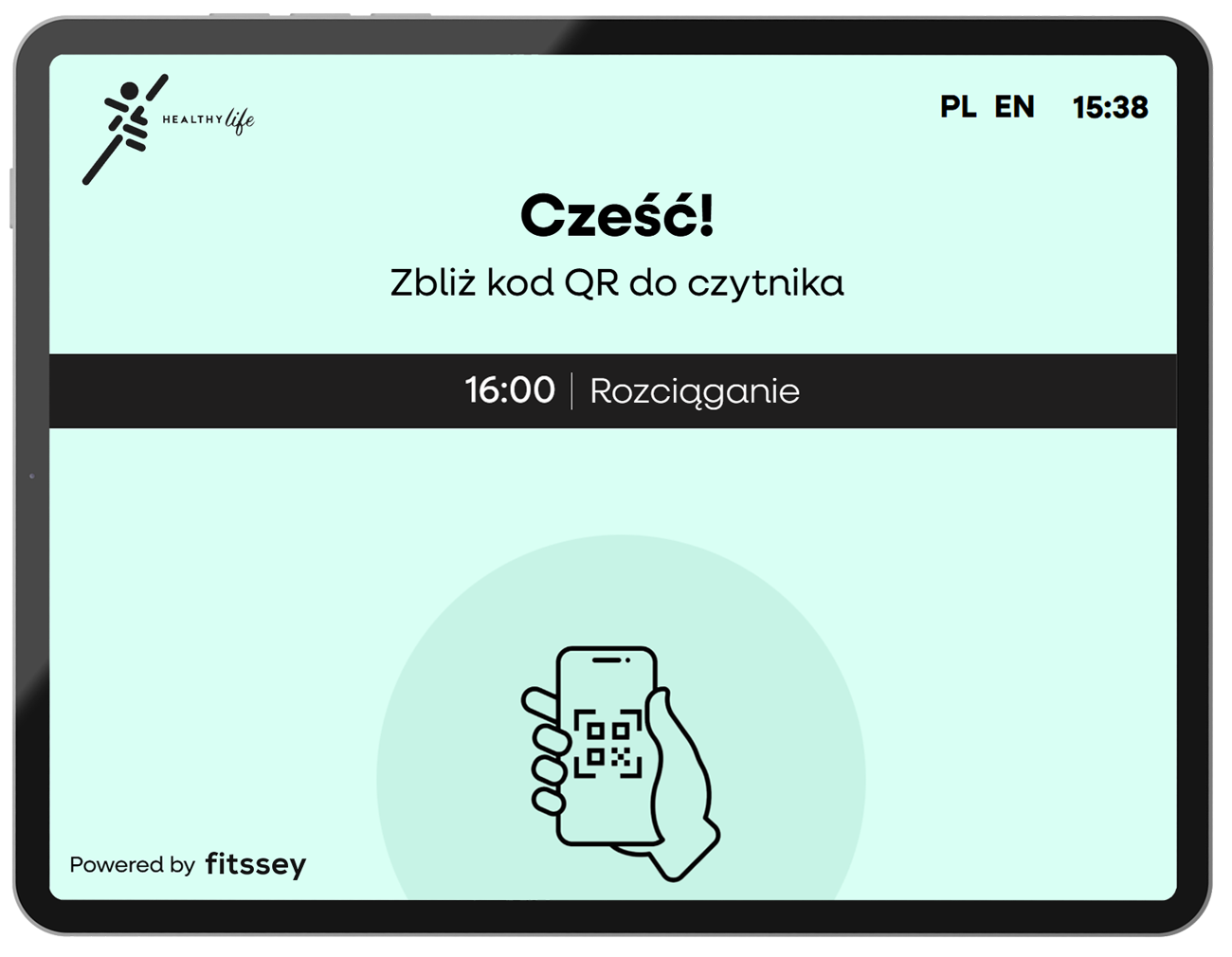 Tablet umożliwiający klientom samodzielne zameldowanie się na zajęcia