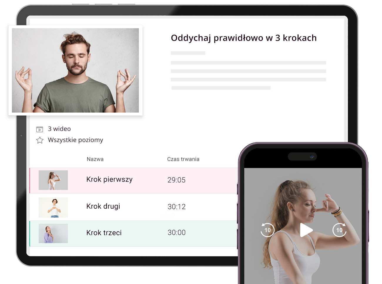 Ekran szczegółów kursu z opisem, informacjami o instruktorze i listą modułów