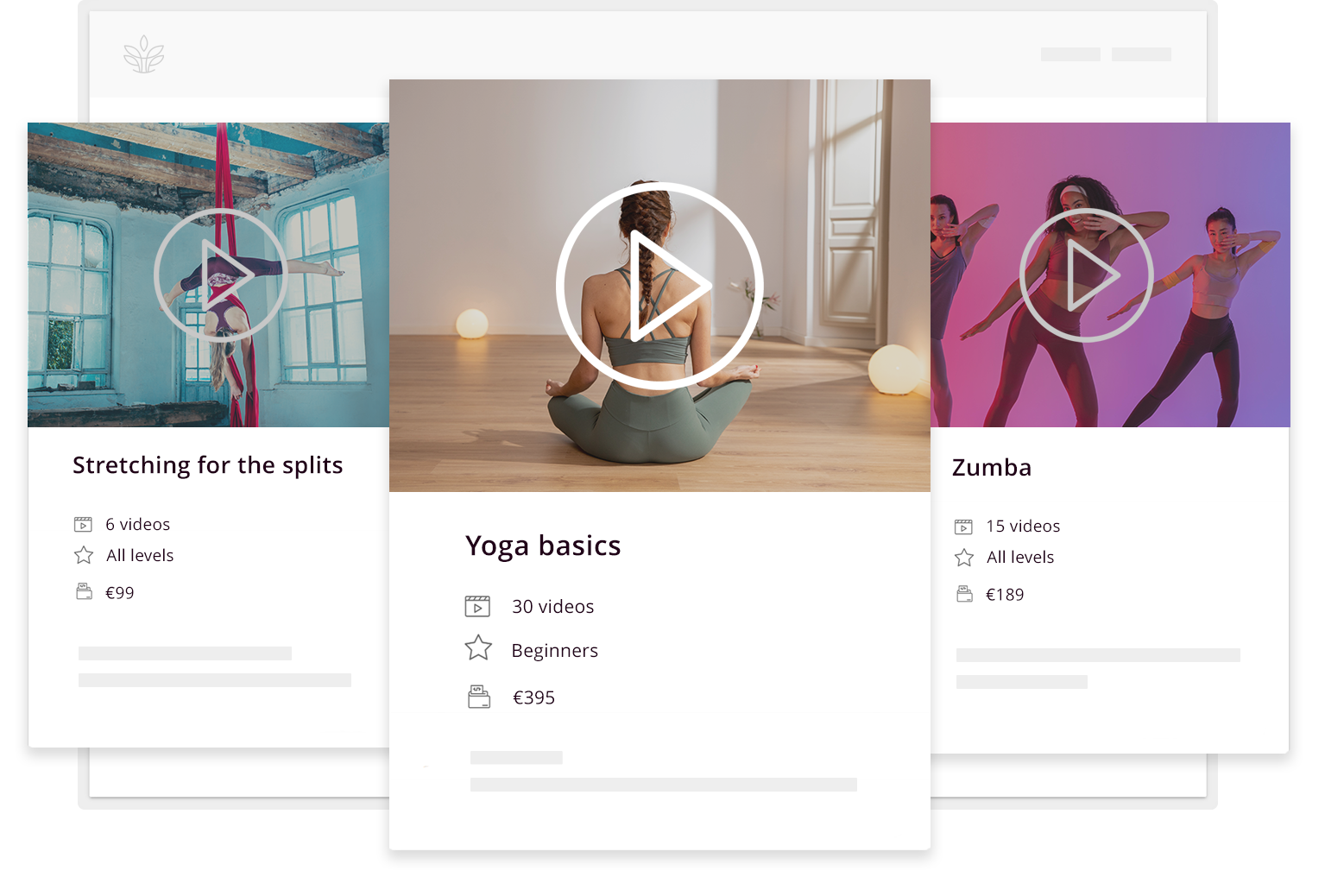 Video courses listing screen with thumbnails and titles