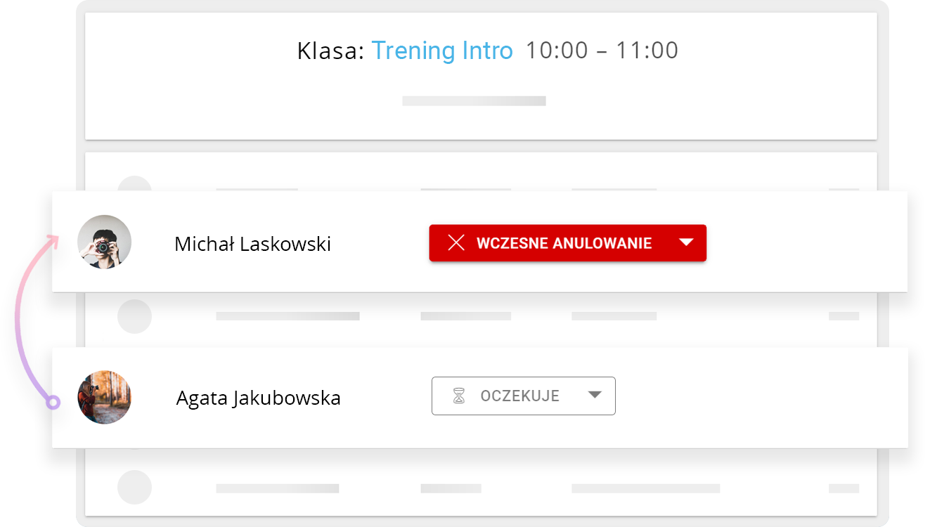 Widok listy rezerwowej dla treningów personalnych z opcją automatycznego uzupełnienia miejsc